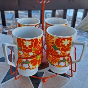 Vintage Floral Yellow & Orange Daisy Mug Set - (4 Mugs with Stand)